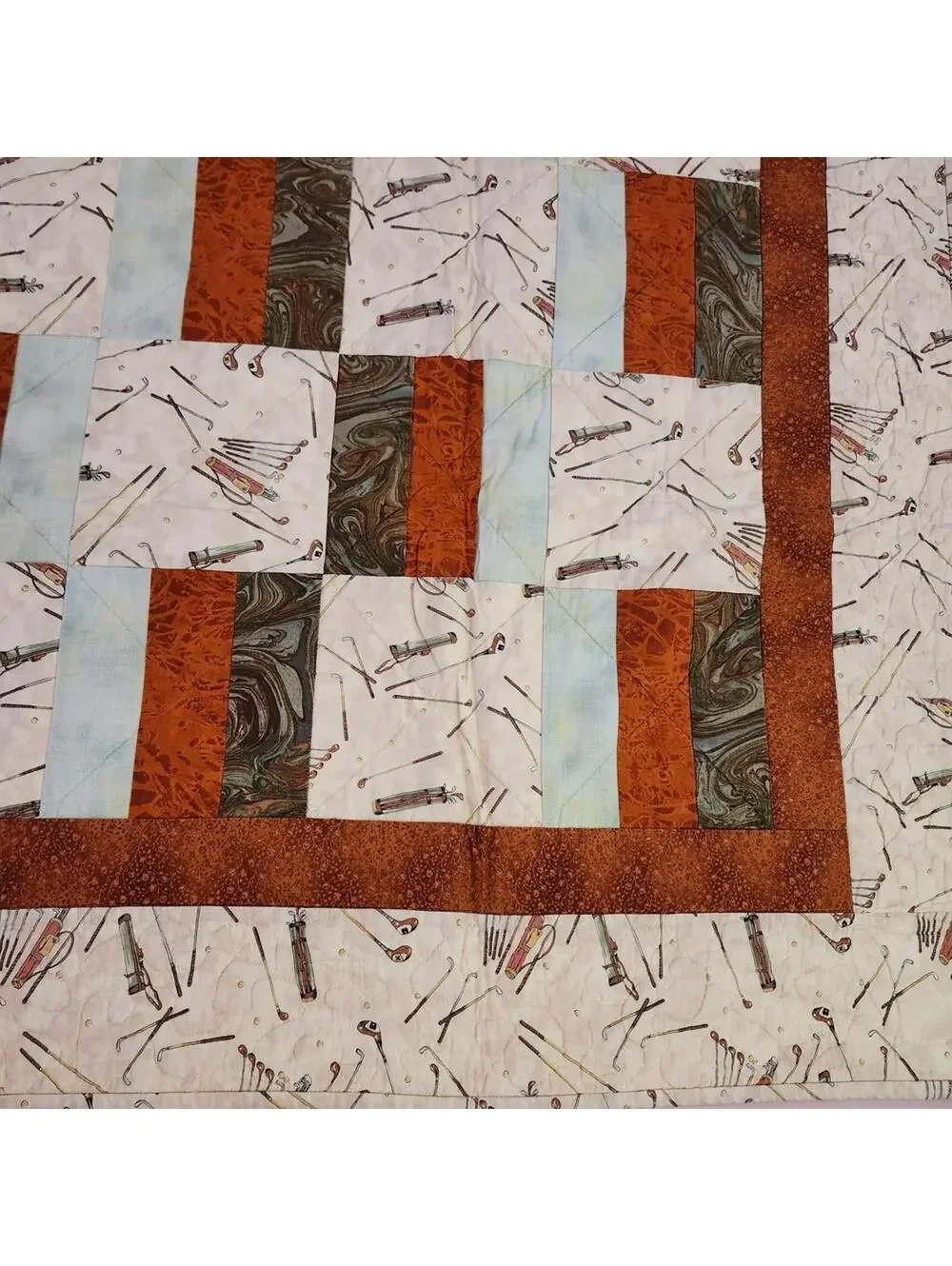 NEW Handmade Golf-Themed Patchwork Quilt 52 x 58 inches Forest Backing